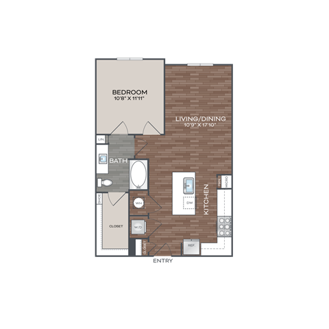 A floor plan of a small apartment with a bedroom, living/dining area, kitchen, and bathroom.